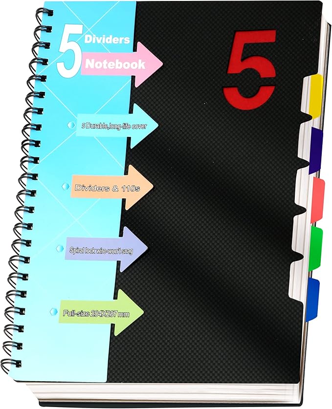CAGIE 5 Subject Notebook 8.5 x 11，A4 Spiral Notebooks College Ruled Spiral Notebook with Dividers Tabs，220 Pages Lined Spiral Notebook for Note Taking, School, Work, Black