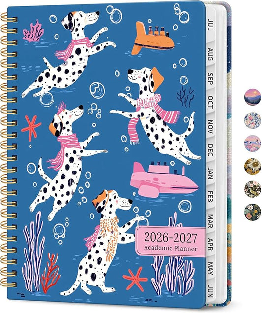 Planner 2026–2027, Academic Monthly Weekly Spiral Calendar, July 2026 – June 2027, Hardcover Agenda Notebook with Tabs, 6.3" x 8.5", Perfect for Students, Teachers, School & Daily Planning - Submerged Dalmatians