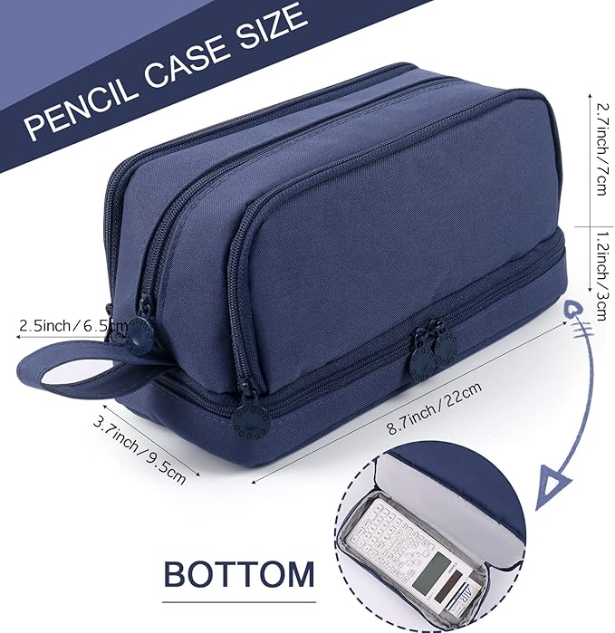 MAMUNU Large Capacity Pencil Case 4 Compartments, Pencil Pouch Bag with Zipper Portable Handle, Pen Case Bag Stationery Organizer for Office College School Adults Teen Girls Boys Men Women, Dark Blue