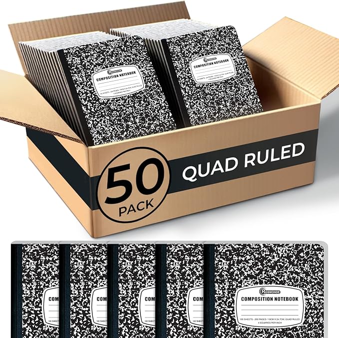 Rosmonde 50 Pack Graph Composition Notebook, 200 Pgs (100 Sheets) Bulk Graph Paper Composition Notebook for school, Bulk Graphing Notebook, 4x4 Grid, Quad Ruled Composition Book, Hard Sewn Bound Cover