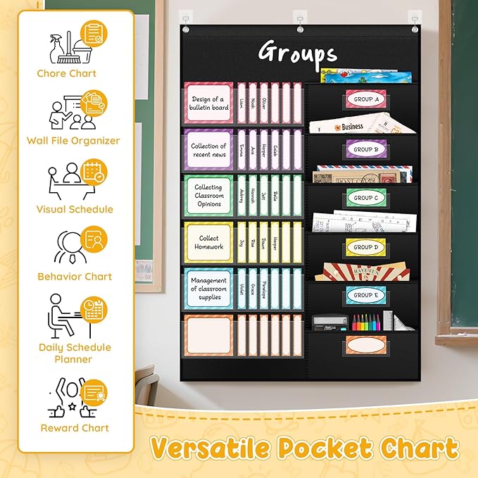 AKAYOK Small Group Pocket Chart with 84 Colorful Dry Erase Cards, Classroom Jobs Chart with 6 Pocket Wall Hanging File Folder, Pocket Chart for Classroom,Office,Home, Small Group Classroom Must Haves