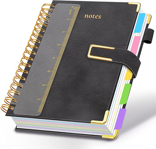 Hardcover Spiral Notebook College Ruled, 6.2"x 8.2" Leather Journal Notebook with Magnetic Closure, 300 Pages 5 Subject Notebook with Dividers Tabs Journal for Women Men, Work, School(Black)