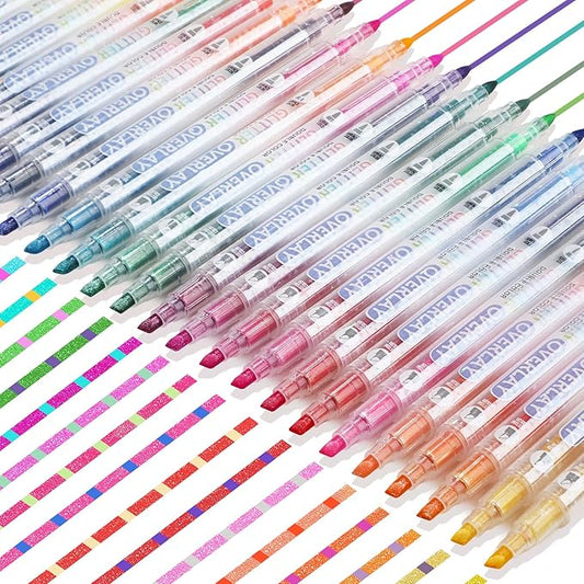 miikoul 24 Colors Dual Tip Highlighters Glitter Color Changing Highlighter Markers for Kids, Chisel and Bullet Tips Quick Dry Highlighter Pens for Bible Study, Adult Coloring, Easter Painting