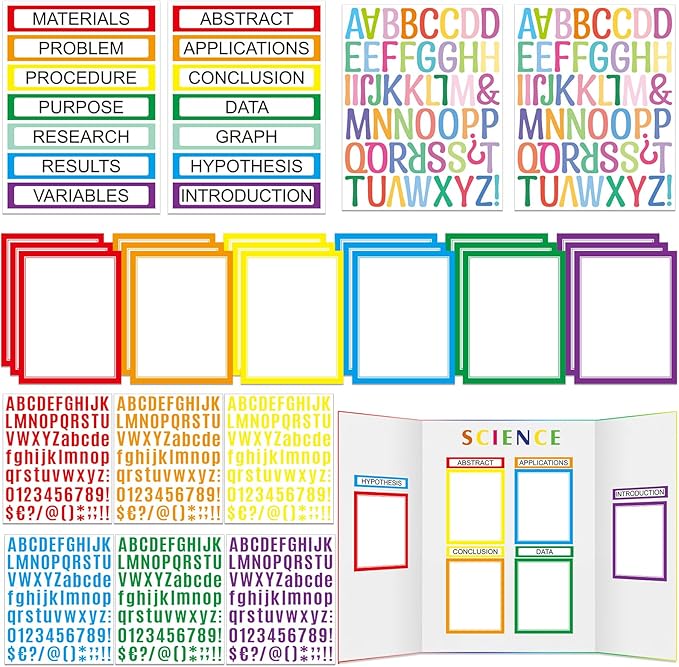 PerKoop 36 Sheets Science Fair Board Poster Boards Supplies 24 Self Adhesive Presentation Subtitles 4 Science Fair Project Titles 8 Personalized Letter Sticker for Classroom(Colorful)