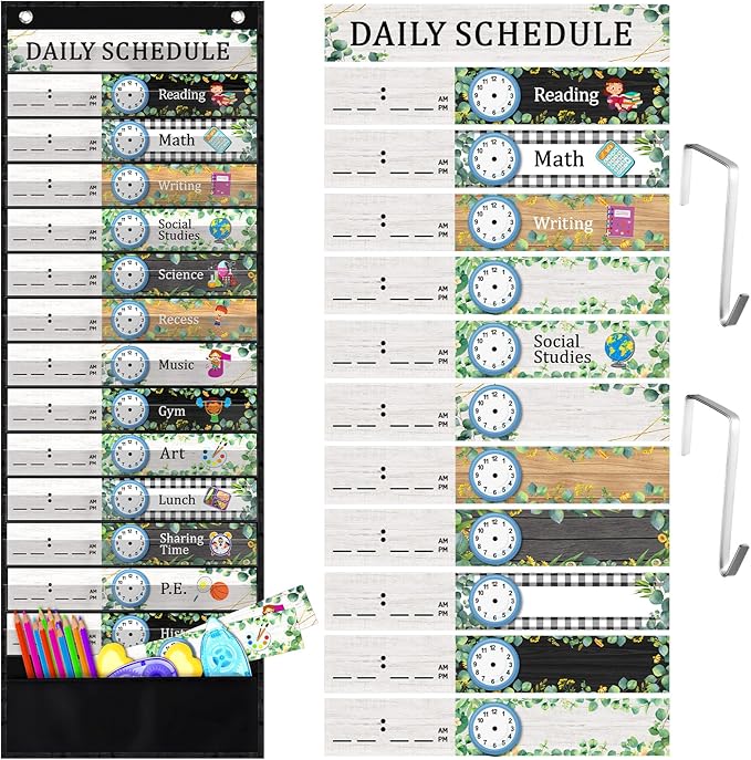 Chiisong Daily Schedule Pocket Chart, Boho 14+1 Pocket, with 40 Pcs Reusable Dry Eraser Cards Calendar for Classroom Toddler Schedule Chart Office Home Activity(Eucalyptus Style)