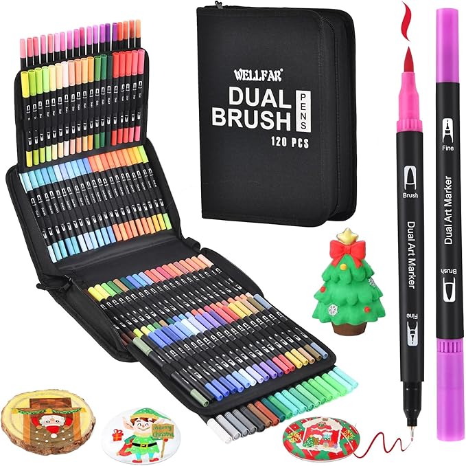 【120 Colors】Adult Coloring Book Markers No Bleed – Dual Felt Tip (Fine & Brush) Art Markers for Teens/Kids – Gel Acrylic Paint Pens Set for Sketching, Drawing, Rock Painting, Journaling, Non Bleeding.