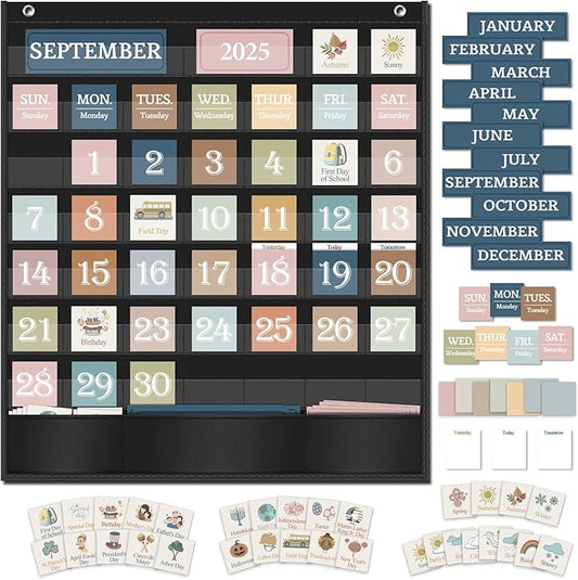 Boho Classroom Calendar Pocket Chart with 110 Cards, Calendar and Weather Pocket Chart for Early Learning, Homeschool and Kindergarten, Large Size 24.5" x 20"