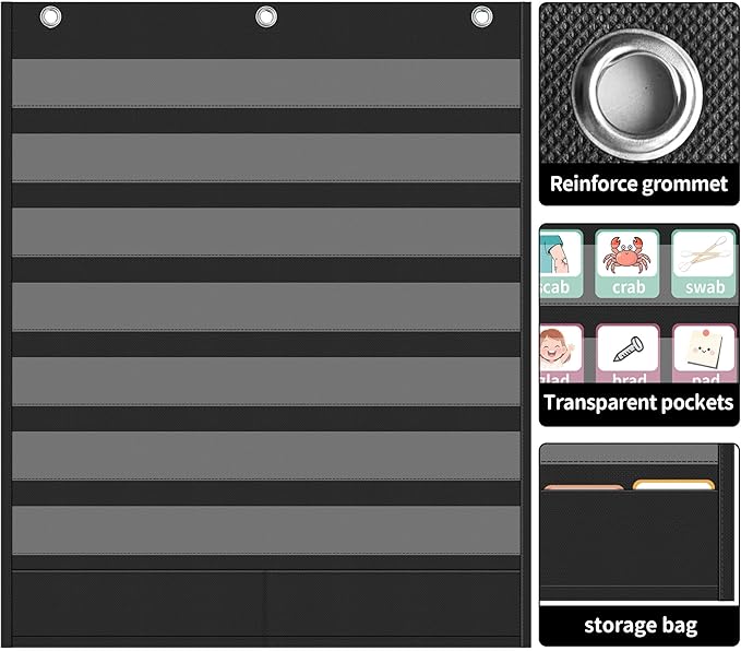 Yoink 7+2 Pockets Standard Pocket Chart, Clear 7 Pockets for Alphabet Learning with 2 Extra Storage Pocket, Chore Chart, Word Wall and Sentence Strips Chart for Classroom, Black (33" x 28.1")