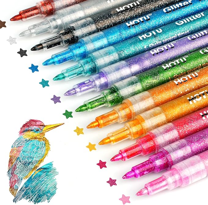 HOTU Glitter Markers Pen, 12 Glitter Colors Paint Pens Sparkly Metallic Shimmer Acrylic Marker Fine Point Tip 0.7mm Water-based Ink for Adults DIY Crafts Greeting Birthday Cards
