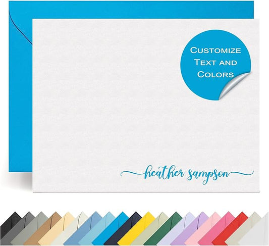Personalized Stationery Note Cards with Envelopes – Custom Minimalist Thank You Cards, 12 Flat Note Cards & Colored Envelopes – Crush-Resistant Packaging - Folded Cards Optional (Bottom Right Script)