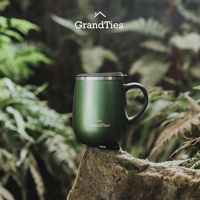 GRANDTIES Insulated Coffee Mug with Handle - Sliding Lid for Splash-Proof 16oz Wine-Glass Shape Thermal Tumbler with Double Walled Vacuum Stainless Steel to Keeps Beverages Hot or Cold-Green Metallic