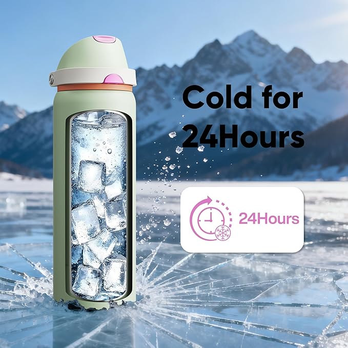 Insulated Water Bottle with Straw - Encool Stainless Steel Water Bottle with Push Button Lid, Leak-Proof & BPA-Free, Keeps Cold for 24 Hours for Sports, Travel, Gym (32 oz, Geyser Green)