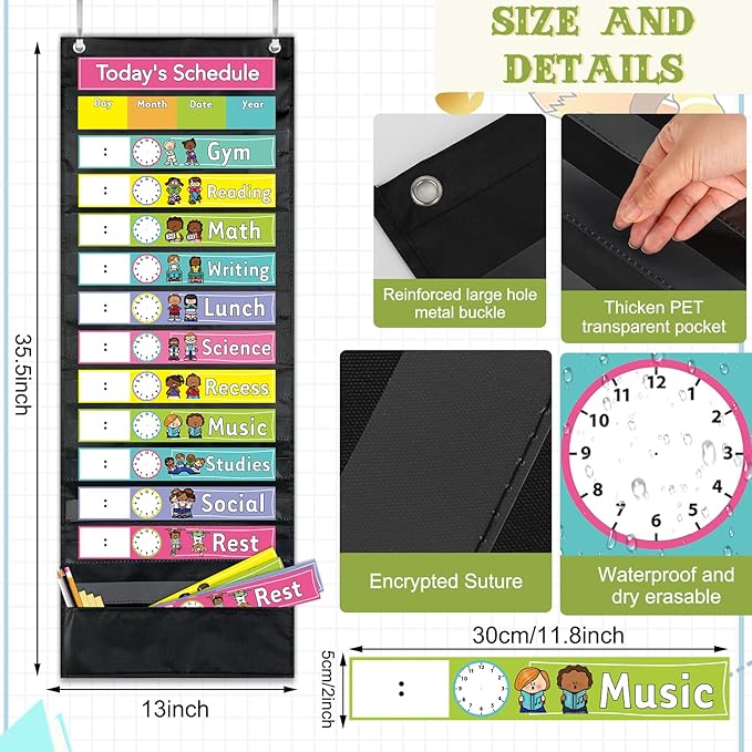 JarThenaAMCS Daily Schedule Pocket Chart 13 x 35.5 Inch 13 + 1 Pockets Visual Schedule Chart Board with 24 Cards for VBS Decoration Sunday School Classroom Home Office Supplies