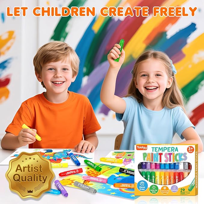 Toidgy Tempera Paint Sticks, 24 Classic Colors, Washable Solid Paint Sticks for Kids Toddlers, Painting Art Supplies for Classroom School Students, Non-Toxic, Quick Drying, Back to School Supplies
