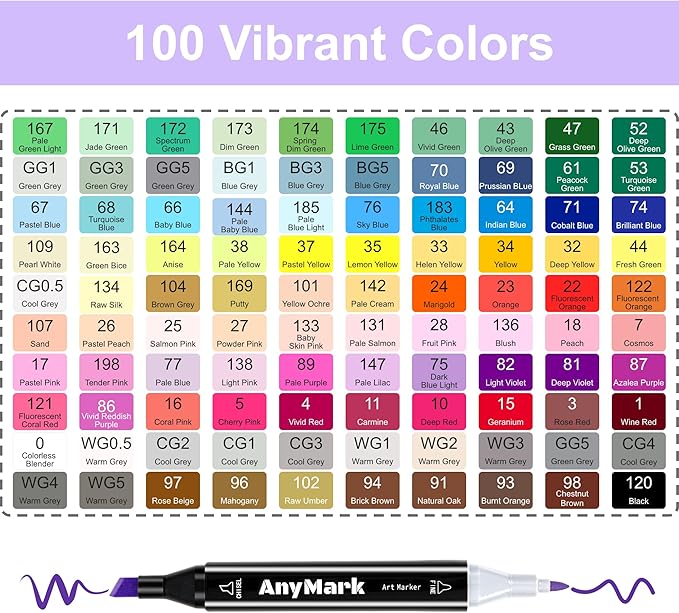 AnyMark Alcohol Markers, 100 Colors Dual Tip Art Coloring Markers Set for Adult Book Drawing Sketching Painting, Chisel & Fine, Black Penholder