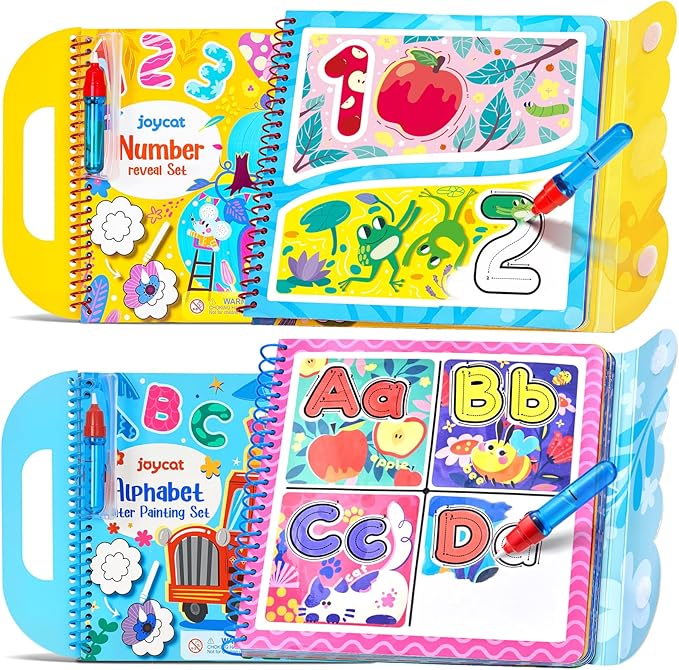 JoyCat 2 Packs Reusable Water Coloring Book for Toddlers 3-5, 28 Pages Alphabet & Number Tracing Magic Water Drawing Book, Mess-Free Preschool Learning Toys, Educational Gift for Boys Girls