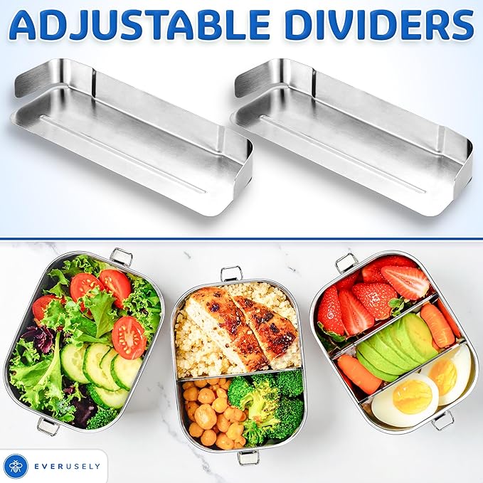Everusely - Stainless Steel Lunch Box - 27 oz / 0.8 L, 2 Adjustable Dividers - Leakproof Snack and Salad Bento Containers for Adults - Food Storage Boxes with Lids for Work, Picnics, Travel