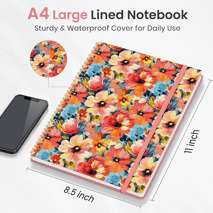 Taja Large Spiral Lined Journal for Women, 8.5" x 11" Notebooks for Work Collge Ruled, A4 Aesthetic Cute Journaling Notebooks for Writing, Plastic Cover, Pastel Garden