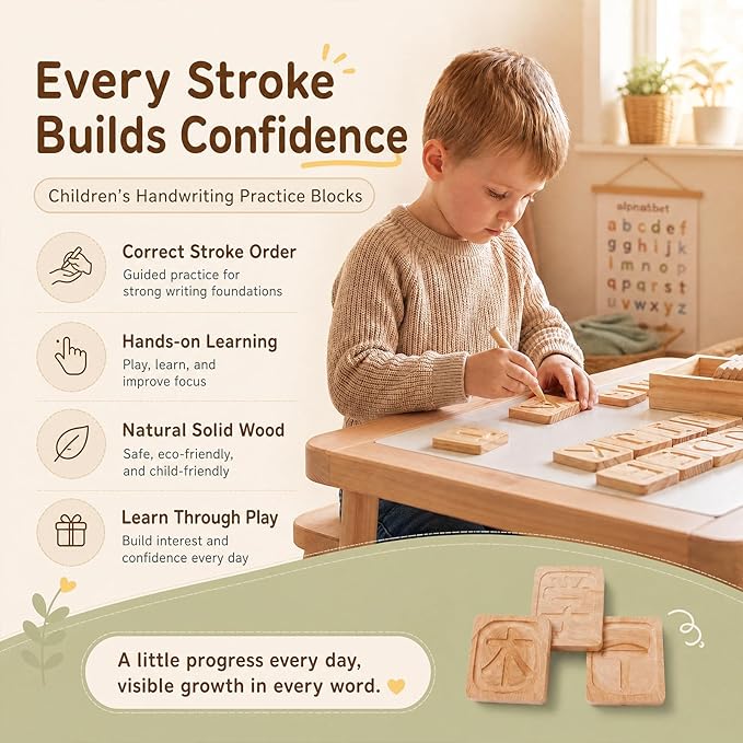 Alphabet Tracing Board for Kids Montessori Wooden Letter Tracing Set, 26 Double Sided Uppercase & Lowercase Boards with Arrows, Handwriting Practice Toy with Stylus & Storage Box
