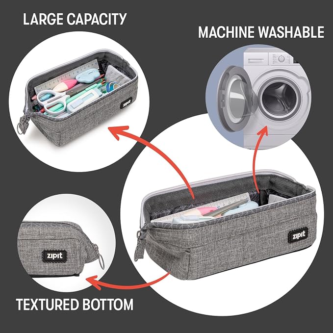 ZIPIT Lenny Pencil Case, Wide-Opening Zipper Pouch for Girls and Boys, Grey | Aesthetic pouch for school, machine washable, colorful lining, holds 55 pens & pencils, doubles as a makeup case for travel