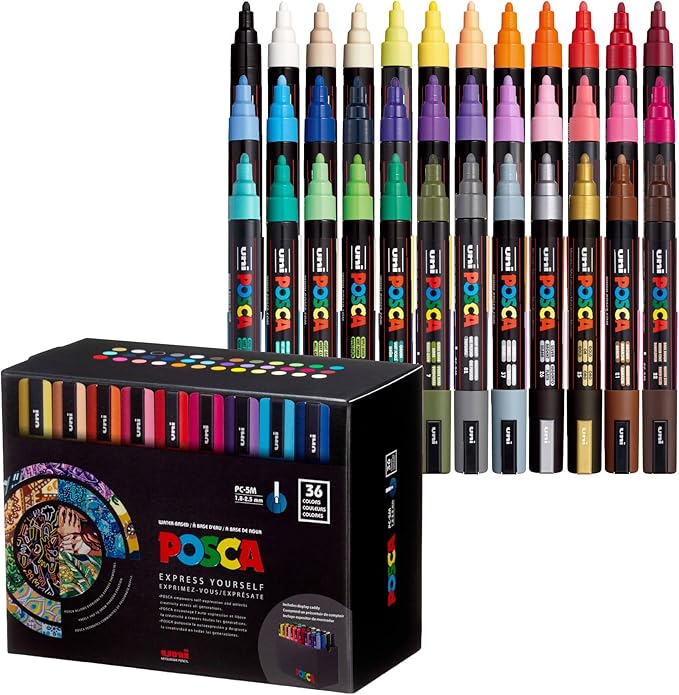 POSCA PC-5M Water-Based Paint Markers, Medium Point (1.8-2.5mm), Assorted Colors, 36 Pack with Display Caddy