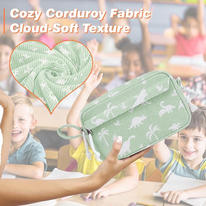 Big Capacity Pencil case,Soft Corduroy Pencil Bag with 3 Compartment,Pencil Pouch School Supplies Cute Pencil Box Pencil Bag for Teen Girls Boys College (Dinosaur)