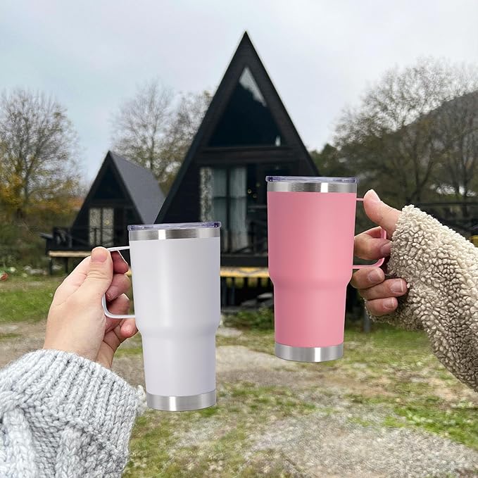 20 oz Tumbler with Handle and Lid, Stainless Steel Tumbler Insulated Travel Coffee Mug, Spill Proof Double Wall Vacuum Tumbler Cup Keep Drink Hot & Cold, Pink, 12 Pack
