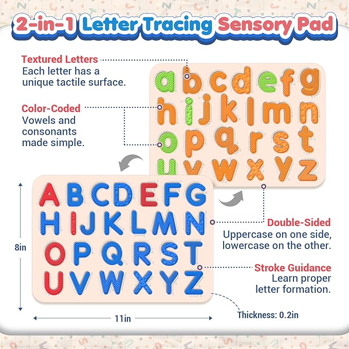 Sensory Silicone Letter Tracing Pad: Double-Sided Textured Sensory Toys for Learning Focus & Fine Motor, Quiet Travel Toy, Preschool Learning Activities, Educational Montessori Toys for Toddlers Kids