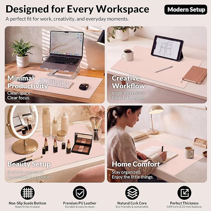 AFIING Leather Desk Pad Protector, Large Mouse Pad, Dual-Sided PU Leather & Natural Cork Desk Mat, Non-Slip Waterproof Laptop Desk Blotter for Office and Home, 23.6" x 13.7",Pink