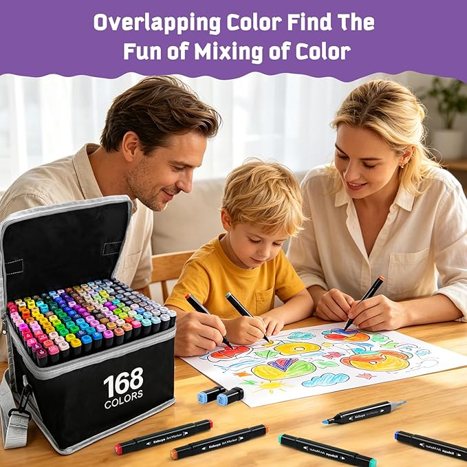 Kebuye 168 Colors Alcohol Markers Set, Professional Drawing Markers for Artist Adult Coloring Books Black Permanent Dual Tip Art Markers with Holder, Coloring Marker for School Sketching Coloring