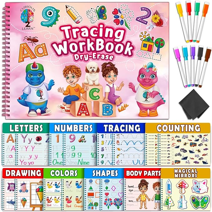 Curious 2 Learn Hardcover Preschool Activity Workbook for Kids Ages 3–5 – 32 Montessori Learning Activities with 9 Markers – ABC, Numbers, Colors & Shapes – Educational Gift for Boys & Girls
