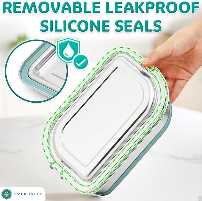 Stainless Steel Bento Box - Tiered Lunch Box for Adults - 2 Compartments Metal Food Container - Leakproof Lockable Lid with Silicone Ring - Removable Compartmented Layer - by Everusely