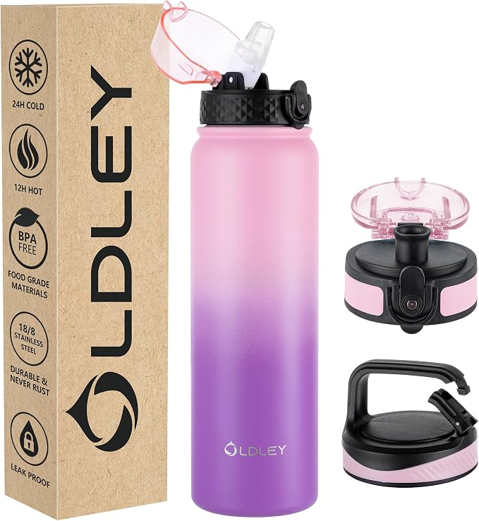 Oldley Insulated Water Bottle 32oz Water Bottles with Straw, Stainless Steel Water Bottle with 3 Lids, Double Wall Vacuum Bottles for Adult Kids, Sports Bottles for School Travel,Ombre Pink-Purple