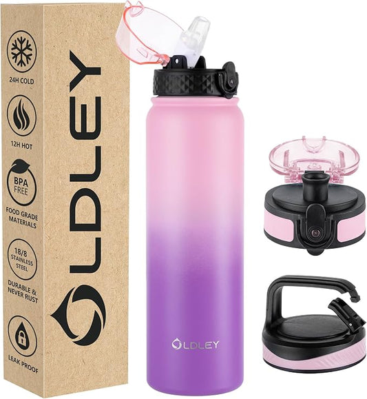 Oldley Insulated Water Bottle 32oz Water Bottles with Straw, Stainless Steel Water Bottle with 3 Lids, Double Wall Vacuum Bottles for Adult Kids, Sports Bottles for School Travel,Ombre Pink-Purple