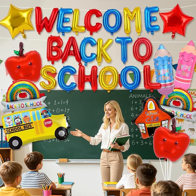 Welcome Back to School Balloons, 29 PCS Back to School Decorations | Back to School Balloon with Letters, School Bus, Apple, Pencil, Rainbow,School and Star Balloons for Classroom Party Supplies