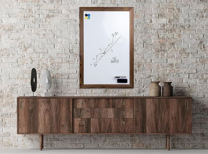 Real Wooden Framed Magnetic Dry Erase Whiteboard, 24" X 36", Vertical/Horizontal Wall Mount, Includes Black Marker, Eraser and 4 Magnets, by Better Office Products (Rustic Brown)
