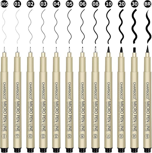 Black Micro Pens, 12 Sizes in 0.23mm - 5mm, Waterproof Archival Ink, Fine Point Pen for Artist Illustration, Sketching, Anime, Manga and Technical Drawing