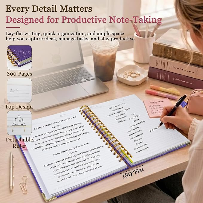 Spiral Notebook Journal 6.2''x 8.2'' 5 Subject Notebook with Dividers, 300 Pages Notebook College Ruled with Magnetic Closure, A5 Tabbed Notebooks for Work School, Sparkle Journal for Women (Purple)