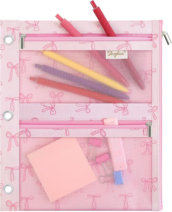 SKYDUE Pencil Pouch for 3 Ring Binder, 3 Pockets and Mesh Window | Zipper Pencil Pouch Pencil Bag with 3 Reinforced Grommets, Durable Organizer for School Supplies, Cables, Earbuds, Makeup