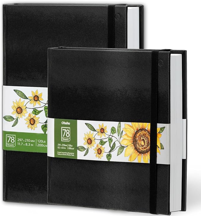 Ohuhu Sketchbook Marker Paper Pad: 2 Pack 8.3"x8.3"&8.3"x11.7" Art Sketch Book Drawing Papers Each Size Holds 78 Sheets/156 Pages 120 lb/200 gsm Hardcover Sketching Books Christmas Gift
