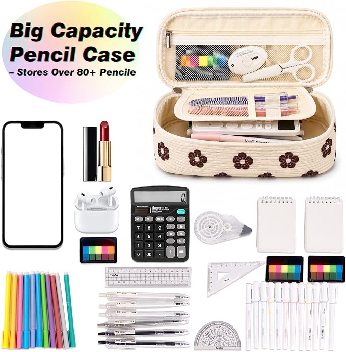Big Capacity Pencil case,Soft Corduroy Pencil Bag,Cute Pen Case with Handle,5 Compartments, Wide Opening Pen Pouch Organizer for Teen Girls Women (Brown Floral)