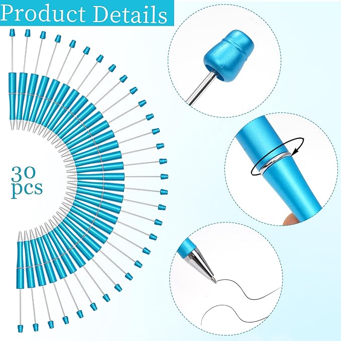jiebor 30Pcs Beadable Pens Plastic Bead Ballpoint DIY Cute Cool Pens Black Ink for Women Men Bridal Graduation Gift Office Supplies Sky Blue