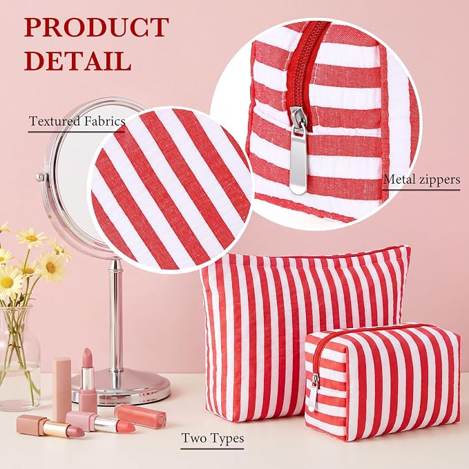Huhumy 2 Pcs Makeup Bag Set for Women, Red, Wide Striped Seersucker | Cute Cosmetic Pouch Women Travel Toiletry Bag Preppy Small Makeup Purse Pouch Aesthetic Skincare Brushes Storage Organizer