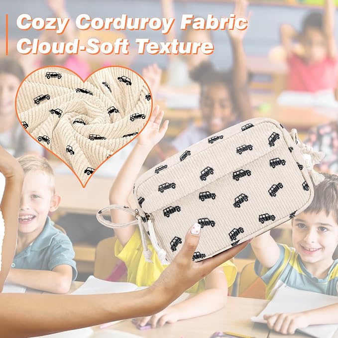 Big Capacity Pencil case,Soft Corduroy Pencil Bag with 3 Compartment,Pencil Pouch School Supplies Cute Pencil Box Pencil Bag for Teen Girls Boys College (Black Car)