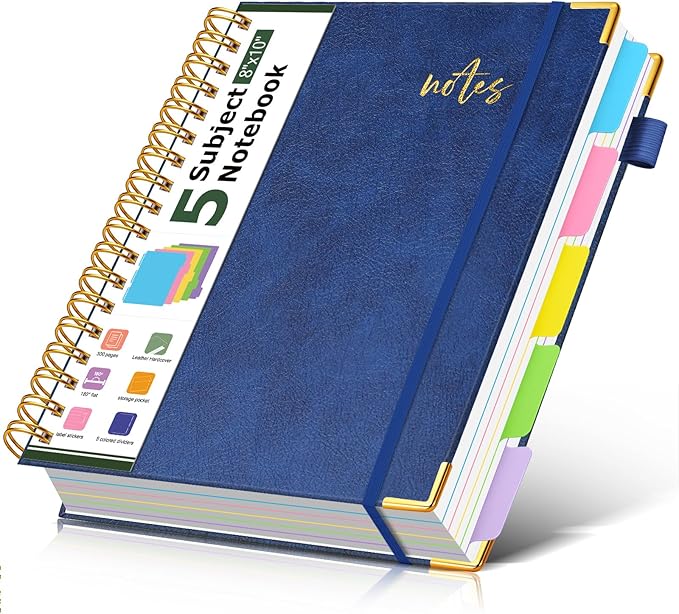 5 Subject Spiral Notebook Journal with Removable Dividers Tabs, 300 Pages Organizer Notebooks for Work School, 8"x10" Hardcover Leather Notebook College Ruled, Large Lined Journal for Women Men,Navy