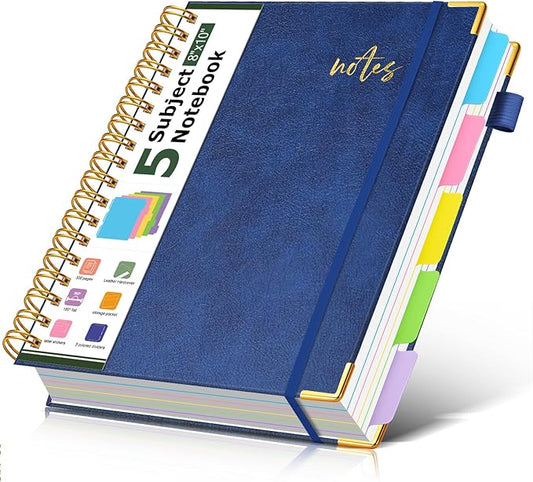 5 Subject Spiral Notebook Journal with Removable Dividers Tabs, 300 Pages Organizer Notebooks for Work School, 8"x10" Hardcover Leather Notebook College Ruled, Large Lined Journal for Women Men,Navy
