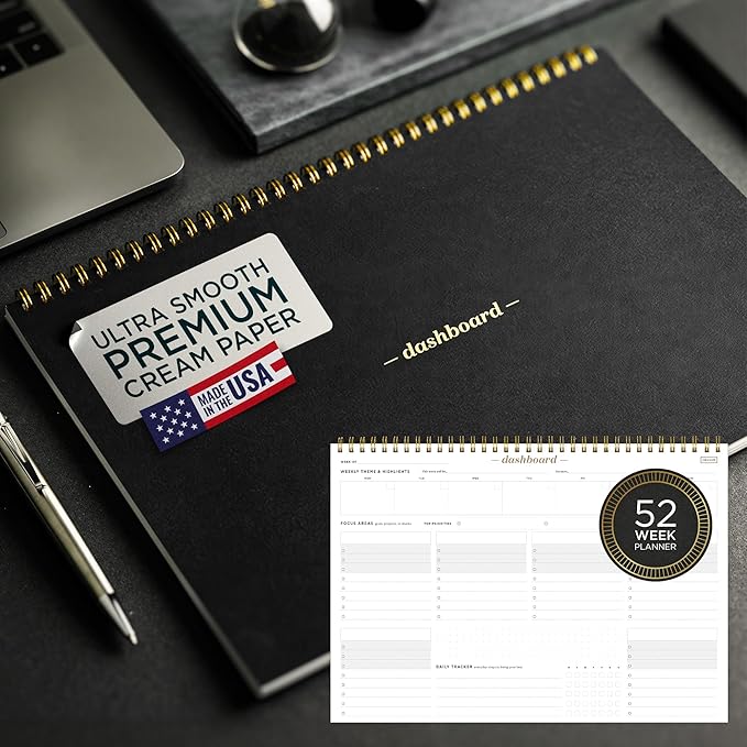 Ink+Volt Dashboard Spiral Deskpad | Undated Weekly Planner Notepad w/ 52 Undated Sheets, Premium Productivity Planner, Minimalist Weekly to do List for Work & Study | A4 Size, Black - Made in the USA