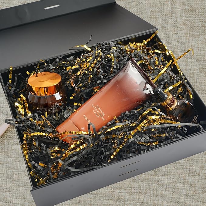 Uptotop 5oz Crinkle Cut Paper Shred Filler for Gift Wrapping, Gift Basket Filling, Perfect for Birthday, Christmas, Thanksgiving, Halloween, Easter, Valentine's Day, Mother's Day, Father's Day, Wedding & Holiday Decor, Black and Gold
