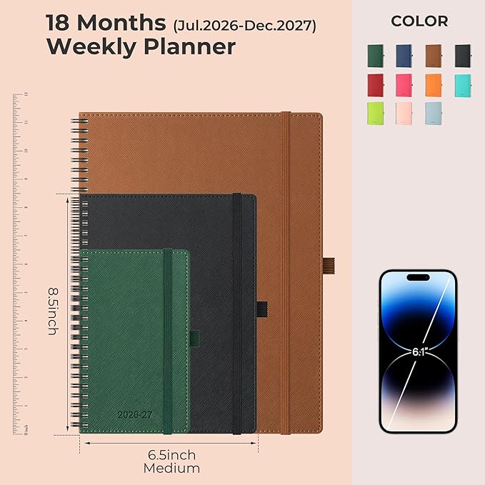 Planner 2026-2027 Daily Weekly and Monthly,8.5"x6.5",18 Months Spiral Bound Calendar Agenda with Self-adhesive Pen Holder,2026 Academic Plan with Vegan Leather Soft Cover,Brown