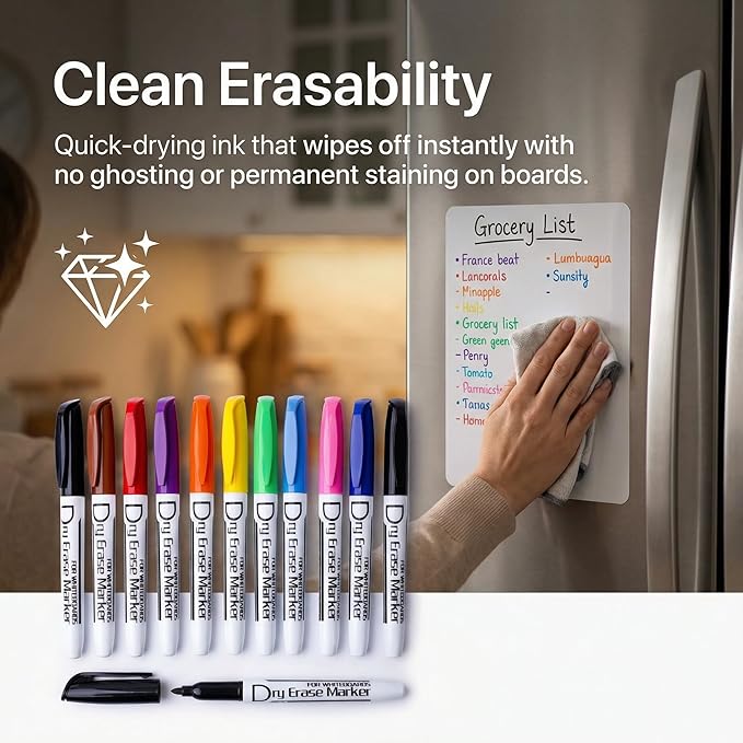 Volcanics Dry Erase Markers Low Odor Fine Whiteboard Markers Thin Box of 12, 10 Colors